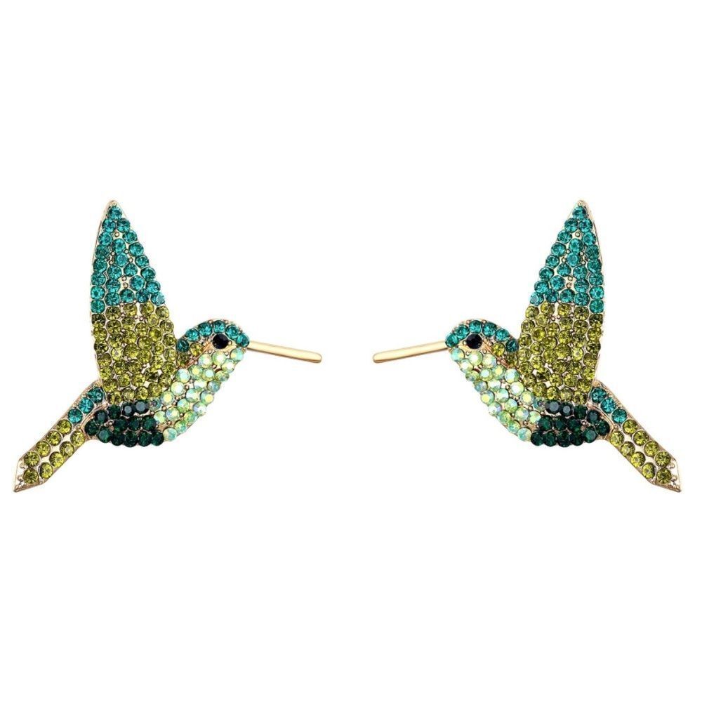 Yellow Gold with Multicolor Austrian Crystal Hummingbird Post Back Stud Earrings